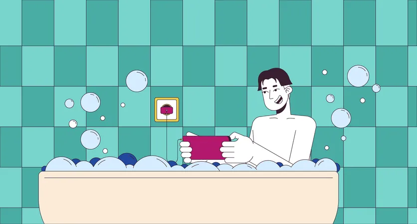Happy Man With Smartphone Taking Bath Cartoon Flat Illustration Careless Asian Male Using Electrical Device In Water 2 D Line Character Colorful Background Danger Scene Vector Storytelling Image Illustration