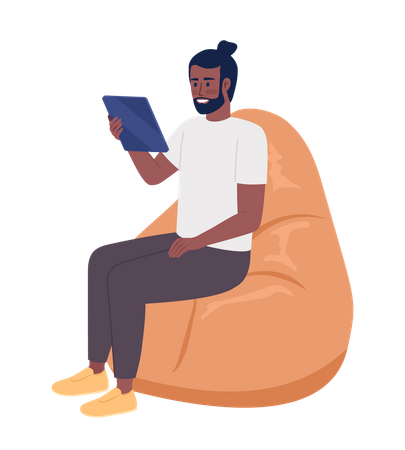 Happy man with tablet sitting on beanbag chair  Illustration