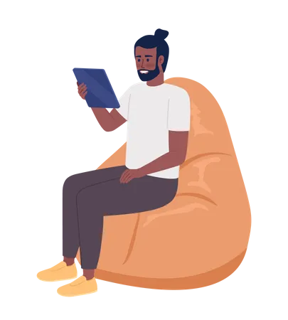 Happy man with tablet sitting on beanbag chair  Illustration