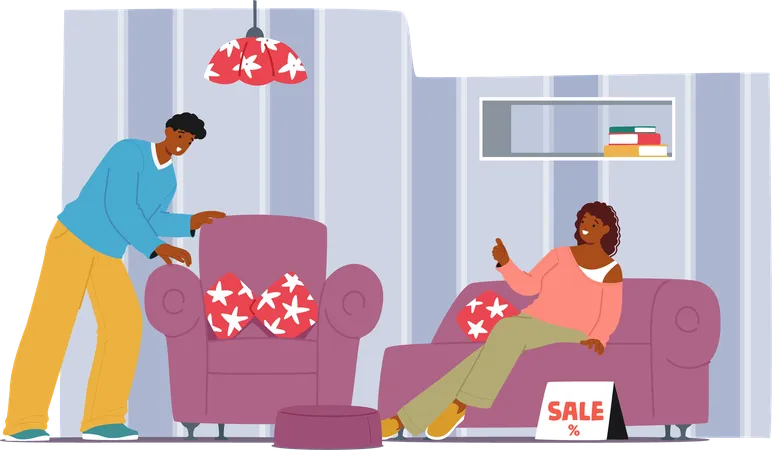 Happy married couple customers  choosing furniture for living room at shop  Illustration