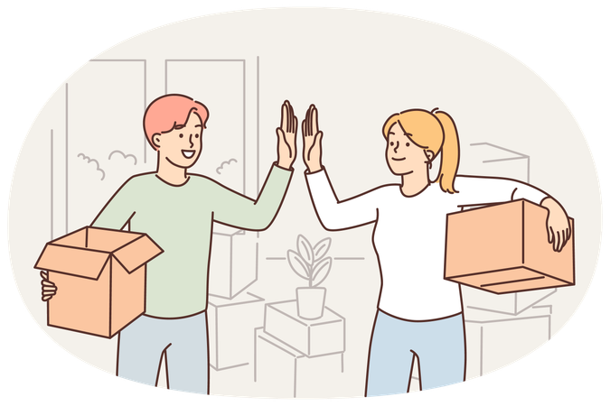 Happy married couple moving into new house and giving each other high five standing with boxes  Illustration