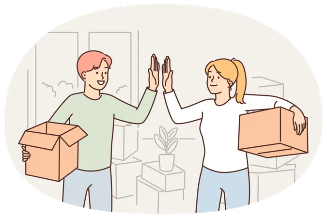 Happy married couple moving into new house and giving each other high five standing with boxes  Illustration