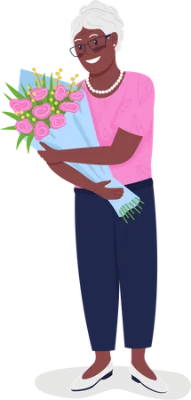 Happy Mature African American Woman With Flowers Flat Color Vector Detailed Character Granny With Bouquet Mothers Day Isolated Cartoon Illustration For Web Graphic Design And Animation Illustration