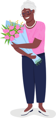 Happy mature African American woman with flowers  Illustration