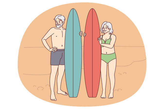 Happy mature people with surfboard  Illustration