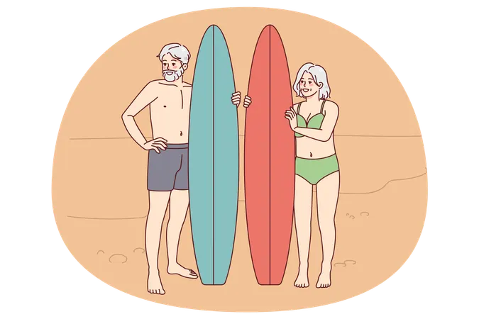 Happy mature people with surfboard  Illustration