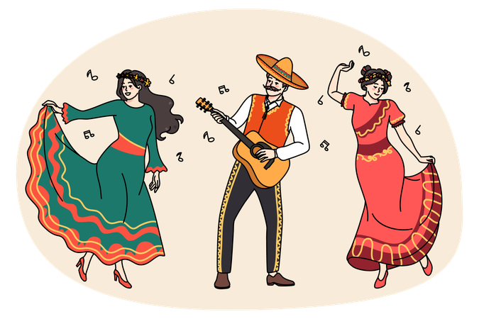 伝統的な衣装を着て踊る幸せなメキシコの人々  イラスト
