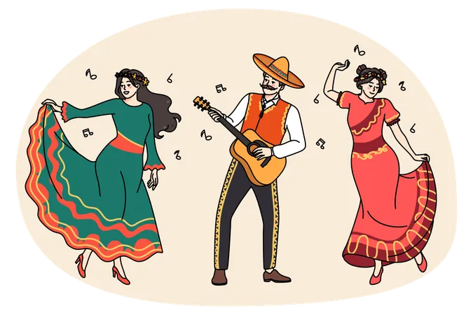 伝統的な衣装を着て踊る幸せなメキシコの人々  イラスト