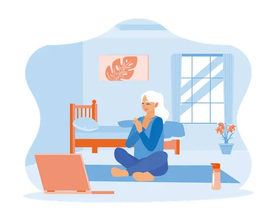 Happy Middle Aged Woman Sitting Cross Legged On The Floor  Illustration