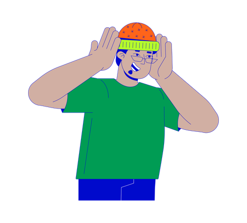 Happy middle eastern man putting on knitted hat  Illustration