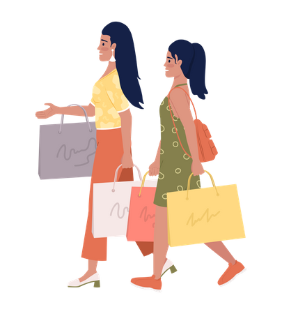 Happy mom and daughter with shopping bags  Illustration