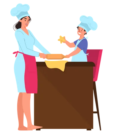 Happy mom and her daughter cooking Illustration