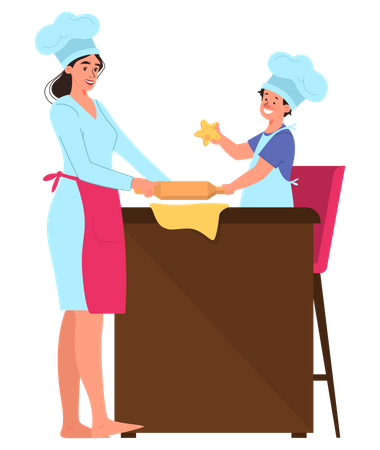 Happy mom and her daughter cooking  Illustration