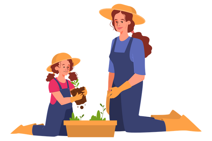 Happy mom and her daughter gardening  Illustration