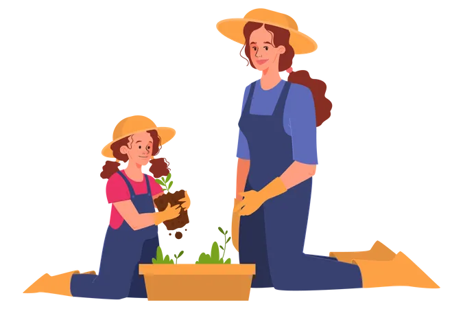 Happy mom and her daughter gardening  Illustration