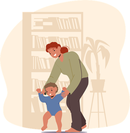 Happy mom enjoying parenting training adorable infant kid to make first steps at home  Illustration