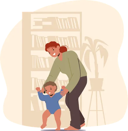 Happy mom enjoying parenting training adorable infant kid to make first steps at home  Illustration