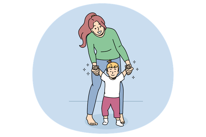 Happy mom help little baby toddler make steps  Illustration