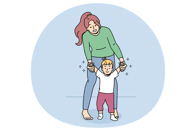 Happy mom help little baby toddler make steps  Illustration