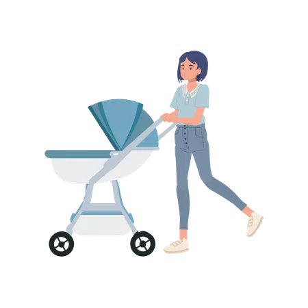 Happy Mom Pushing Baby Stroller  Illustration