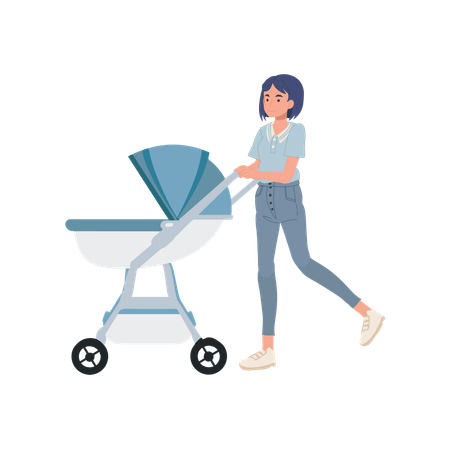 Happy Mom Pushing Baby Stroller  Illustration