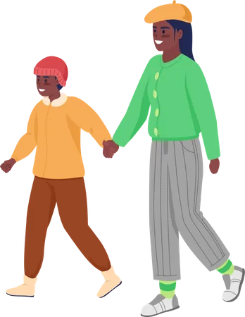 Happy Mom With Son On Walk Semi Flat Color Vector Characters Dynamic Figures Full Body People On White Winter Isolated Modern Cartoon Style Illustration For Graphic Design And Animation Illustration