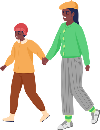 Happy mom with son on walk  Illustration