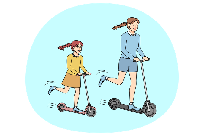 Happy mother and child riding scooters  Illustration