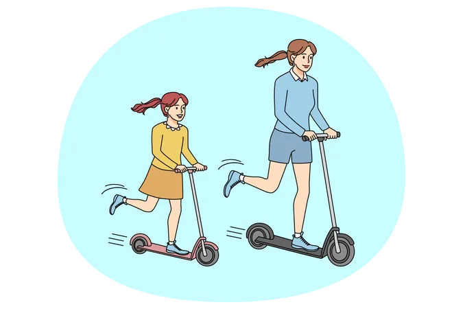 Happy mother and child riding scooters  Illustration