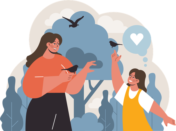 Happy mother and daughter playing bird in park  Illustration