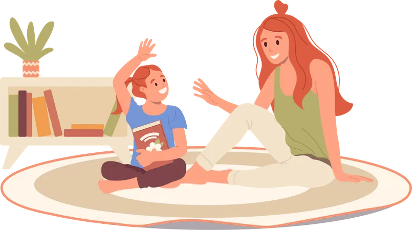 Happy Mother And Daughter Characters Playing Educational Game And Talking Together While Sitting On Floor At Home Living Room Vector Illustration Loving Family Relationship And Parenting Concept Illustration