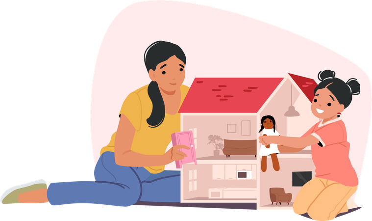 Happy mother and daughter playing with doll house spending fun time together at home  Illustration