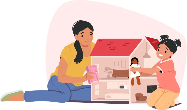 Happy mother and daughter playing with doll house spending fun time together at home  Illustration