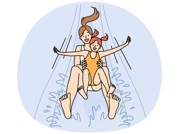 Happy mother and daughter screaming for joy going down water slide in aquapark  Illustration