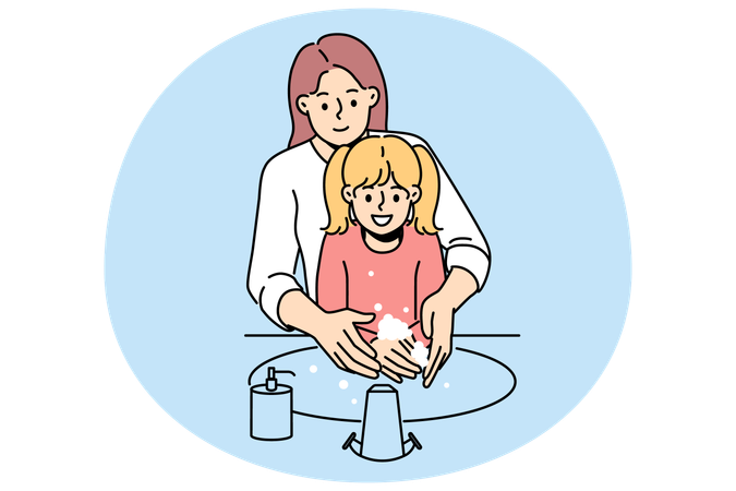Happy mother and daughter washing hands  Illustration