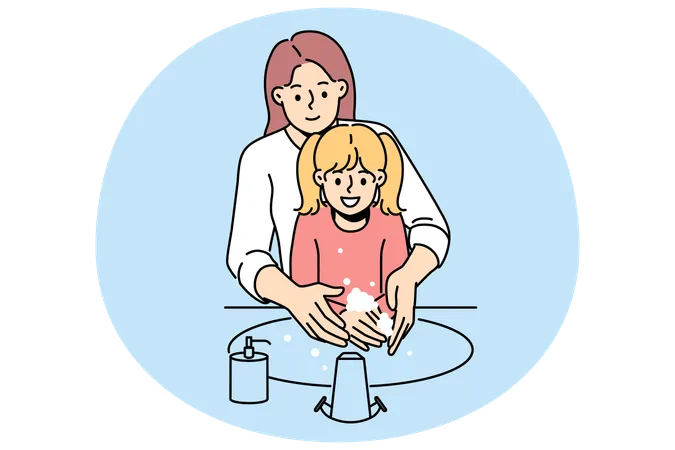 Happy mother and daughter washing hands  Illustration