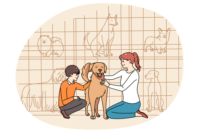Happy mother and son adopt dog from shelter  Illustration