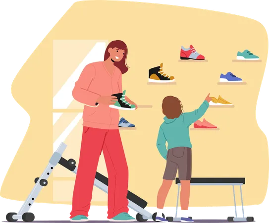 Happy mother and son  choosing new sneakers footwear at sports goods store  Illustration