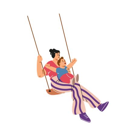 Happy mother and son swinging on a swing  Illustration