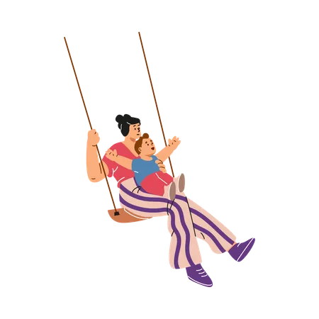 Happy mother and son swinging on a swing  Illustration