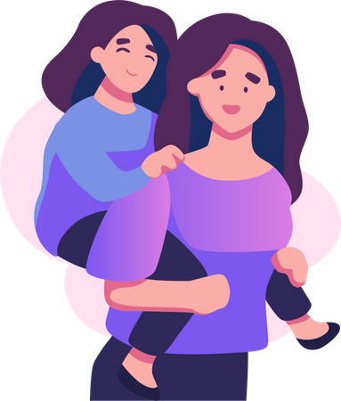 Happy mother carry daughter on back Illustration