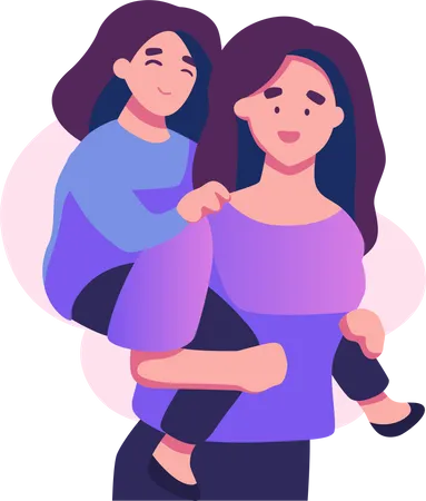 Happy mother carry daughter on back Illustration