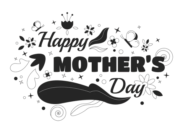 Happy Mother Day Black And White 2 D Illustration Concept Second Sunday Of May Spring Ornament Cartoon Outline Greeting Isolated On White Springtime Flowers Inscription Card Monochrome Vector Art Illustration
