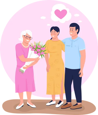 Happy Mother Day 2 D Vector Isolated Illustration Siblings Giving Mother Floral Arrangement Flat Characters On Cartoon Background Expressing Affection Grandparents Day Colourful Scene Illustration