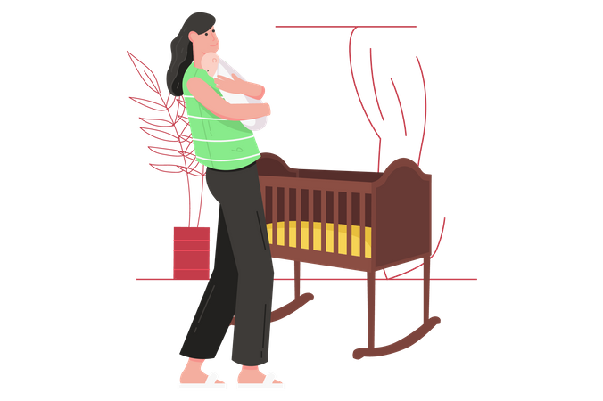 Happy mother holding and hugging sleeping baby  Illustration