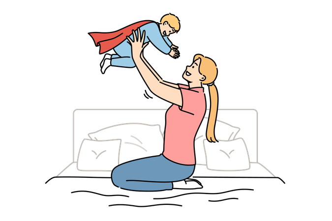 Happy mother lifts up newborn son in superhero costume  Illustration