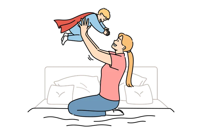 Happy Mother Lifts Up Newborn Son In Superhero Costume Sitting On Bed In Bedroom Caring Casual Mother Plays With Child Motivating Son To Achieve Ambitious Goals And Success In Life イラスト