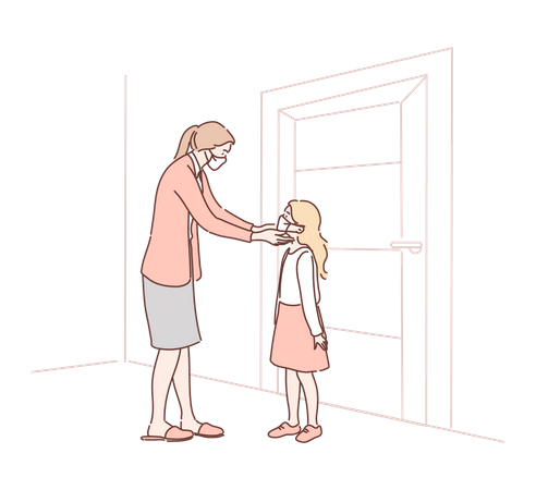 Happy mother putting medical face mask on daughter face  Illustration
