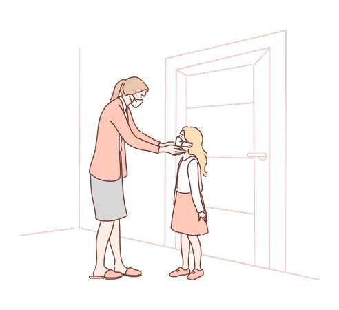Happy mother putting medical face mask on daughter face  イラスト