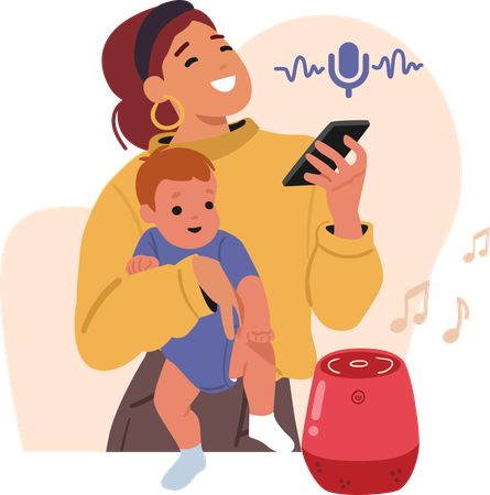 Happy mother using voice activation mobile smart home app to turn on player speaker  Illustration